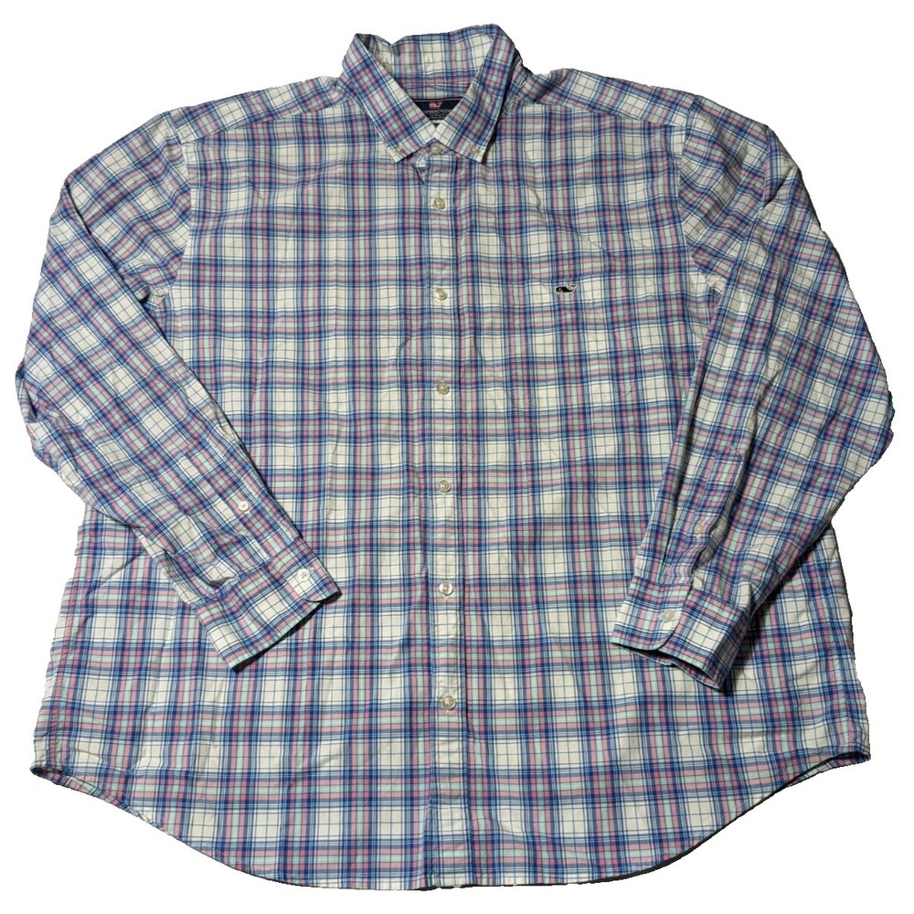 VINEYARD VINES CLASSIC FIT TUCKER Men 2XL Pink Blue Plaid Cotton Shirt